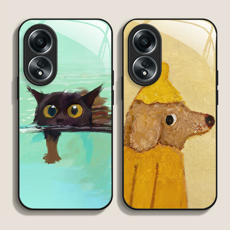 Phone Cases Oppo - Yağlı Boya Sarı Köpek Siyah Kedi