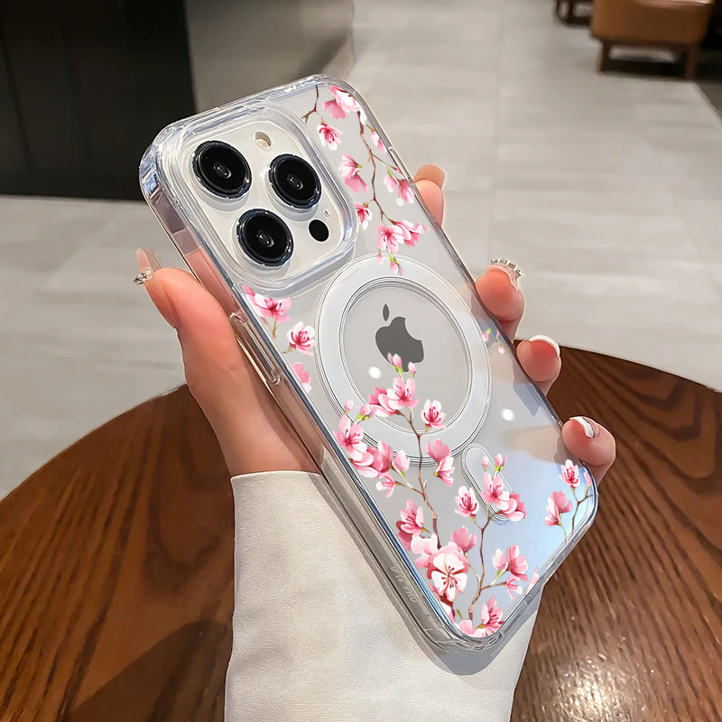 Clear Magsafe Case - Lüks Pembe INS Çiçekli Kılıf iPhone