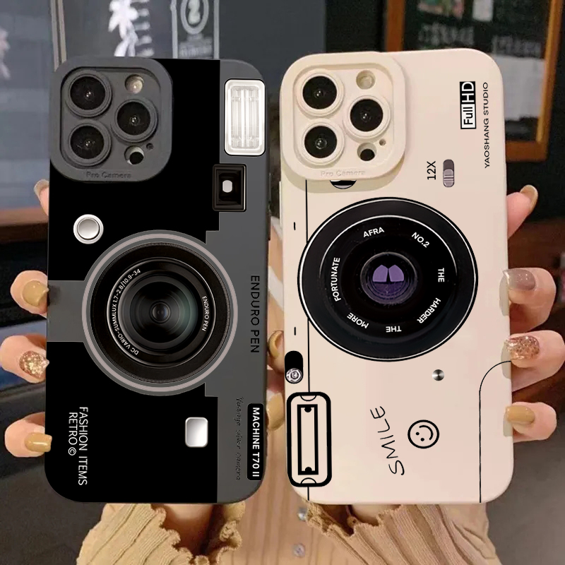 Phone Cases That Cover The Camera - Vintage Kamera Desenli Silikon Yumuşak TPU